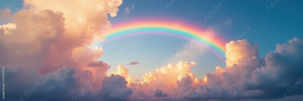 A dazzling rainbow arching across a dramatic, fluffy cloudscape , bright, light, panoramic A dazzling rainbow arching across a dramatic, fluffy cloudscape , bright, light, panoramic