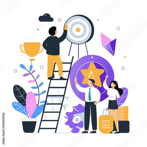 Business team collaborating on achievement targets in a modern office setting. Team members are actively working together to accomplish goals and celebrate successes.