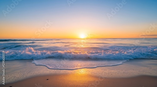 Stunning Sunset Over Tranquil Waves and Sandy Beach with Vibrant Colors in the Sky : Generative AI