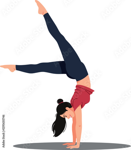 A woman performing a handstand on one hand while balancing with grace in a minimal vector illustration showcasing strength and focus in an active setting