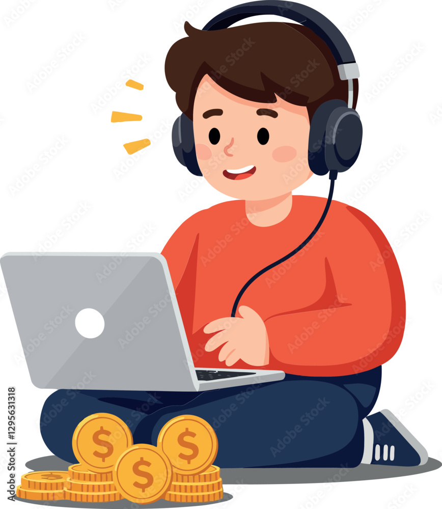 Happy boy sitting on the floor with headphones, joyfully working on a laptop surrounded by coins, flat vector illustration Happy boy sitting on the floor with headphones, joyfully working on a laptop surrounded by coins, flat vector illustration