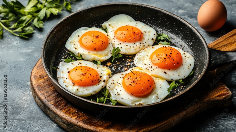 Frying fresh eggs in a frying pan on a wooden countertop with herbs