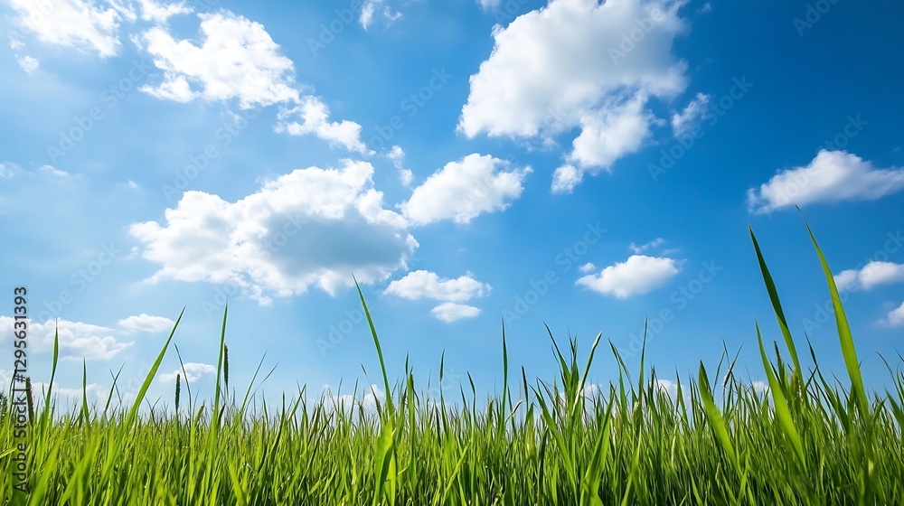 Obraz premium A Beautiful Open Landscape with Lush Green Grass Under a Bright Blue Sky with Fluffy White Clouds : Generative AI