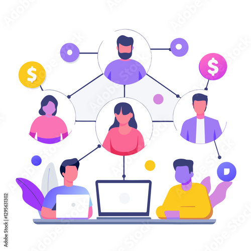 Team collaboration network of diverse professionals in casual wear, seated at a desk with laptops. Working together digitally linked.