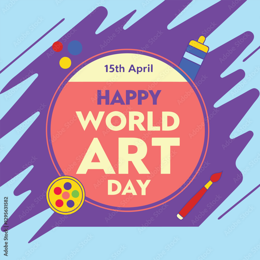 Fototapeta premium World Art Day Palette with Paintbrush and Colorful Paints.