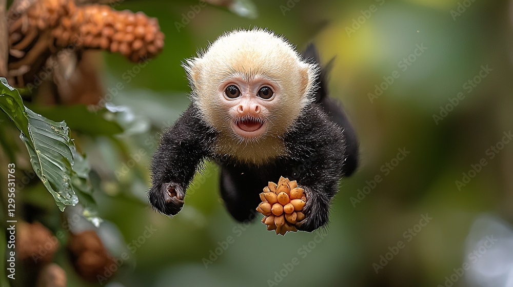 Fototapeta premium A monkey hanging from a tree branch with a pine cone in its mouth