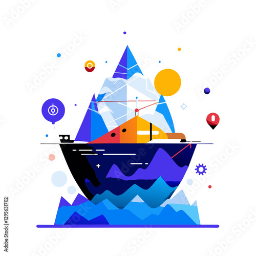 Abstract iceberg with research vessel in arctic waters. Colorful geometric shapes depict a research vessel positioned near an iceberg in a stylized arctic scene.