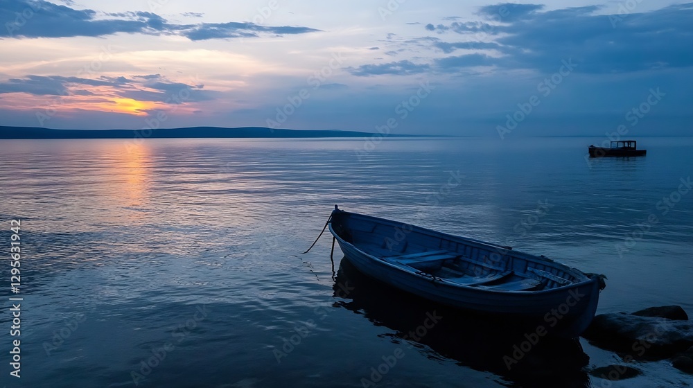 Old Wooden Rowboat Floating on Calm Water at Dusk with Dramatic Sunset Reflections : Generative AI Old Wooden Rowboat Floating on Calm Water at Dusk with Dramatic Sunset Reflections : Generative AI
