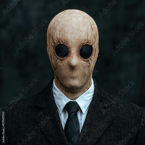 A creepy figure in a suit with a burlap sack mask.