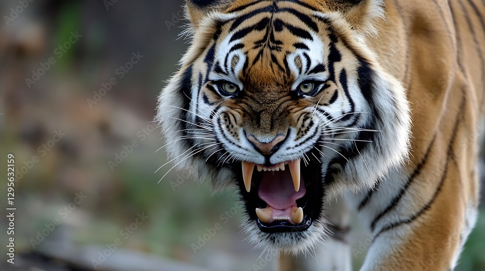 Naklejka premium Fierce Close-up of a Roaring Tiger with Intense Expression and Striking Fur : Generative AI