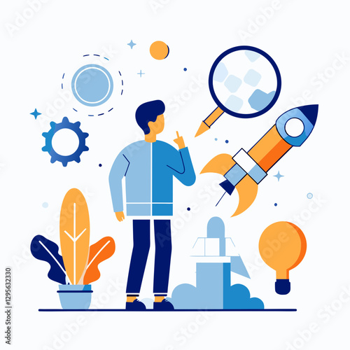 Young adult male in casual clothing contemplating a business launch with a rocket and magnifying glass. Thinking entrepreneur with innovative idea in modern office setting.