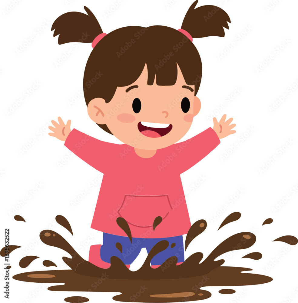 Happy child in pink sweater joyfully splashing in muddy puddle, cartoonish flat vector art illustration capturing playfulness and delight in a cheerful outdoor scene Happy child in pink sweater joyfully splashing in muddy puddle, cartoonish flat vector art illustration capturing playfulness and delight in a cheerful outdoor scene
