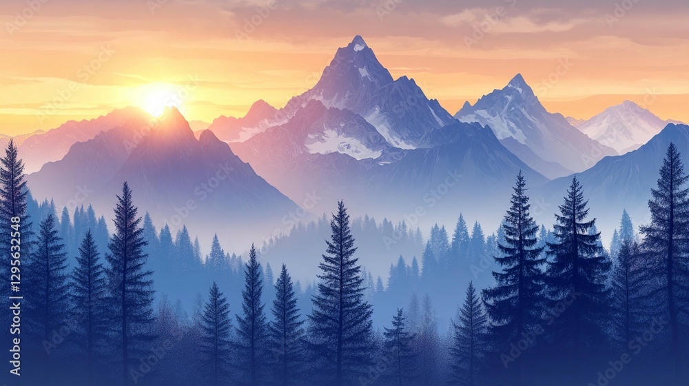 Obraz premium Majestic sunrise over snow-capped mountains and misty forest.
