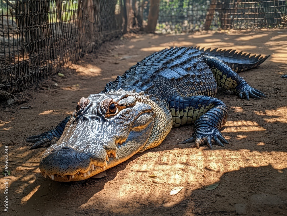 Fototapeta premium Detailed close-up of an impressive crocodile resting on sandy ground under natural light in an outdoor enclosure surrounded by greenery and fencing