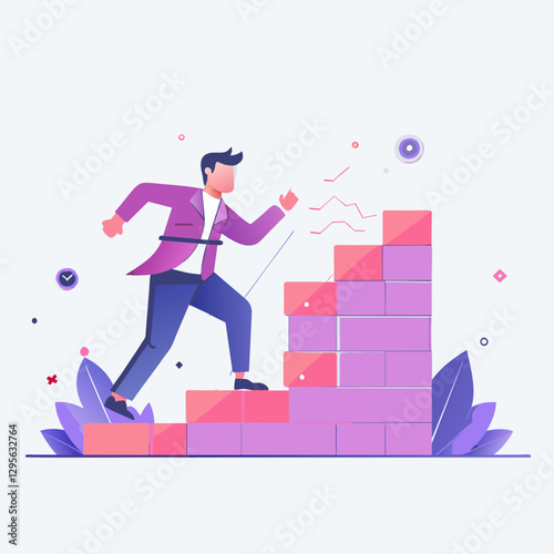 Businessman overcoming obstacles by climbing a brick wall, demonstrating professional ambition and progress.