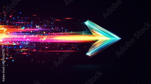 A colorful arrow made of glowing light beams, pointing right at the center on a black background he arrow forms an elegant and dynamic shape with a sense of motion and speed, Ai