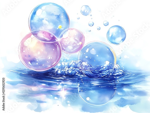 Watercolor Bubbles Floating on Water Surface