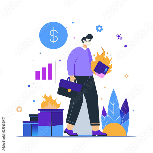 Businessman carrying a burning file folder, walking away from a dumpster with rising graphs, in a modern office setting. Business professional in a modern office location.