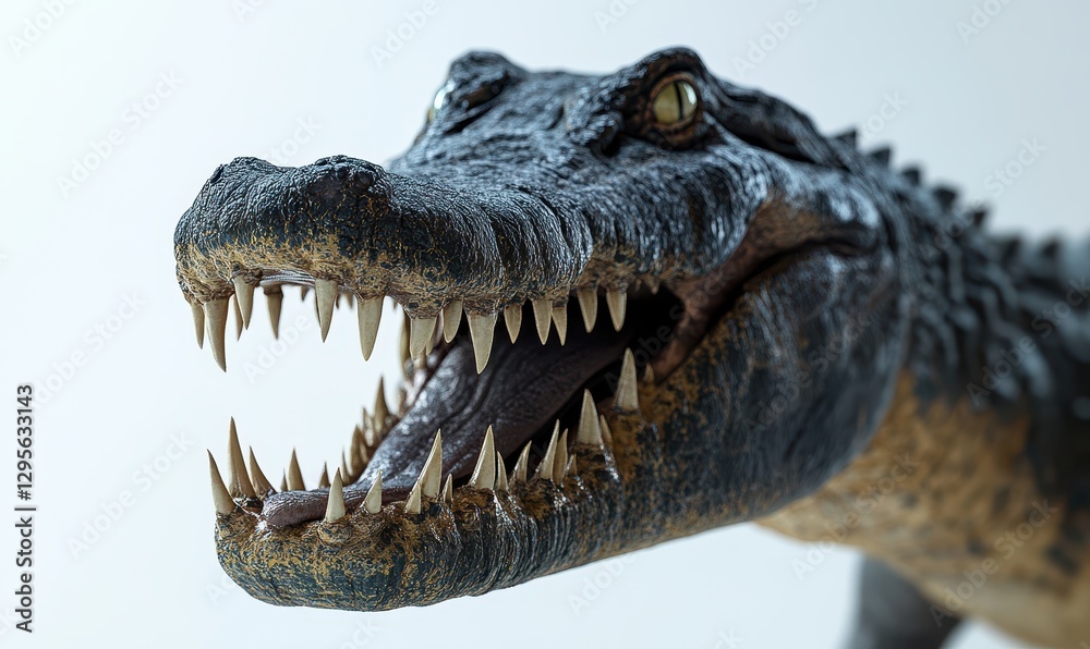 Fototapeta premium Detailed Close-Up of Realistic Crocodile Head with Sharp Teeth and Focused Expression in Studio Lighting on Neutral Background
