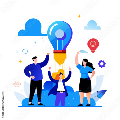 A group of diverse business professionals in casual business attire celebrate a creative idea, with a large lightbulb hot air balloon above them in a contemporary office setting.