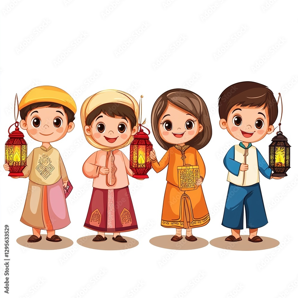 Children Holding Lanterns Celebrating Ramzan Isolated on White Background Children Holding Lanterns Celebrating Ramzan Isolated on White Background