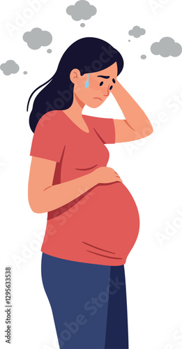 Pregnant woman in a red shirt expressing concern and stress, illustrated in a minimal style with gray clouds, conveying anxiety, vector illustration