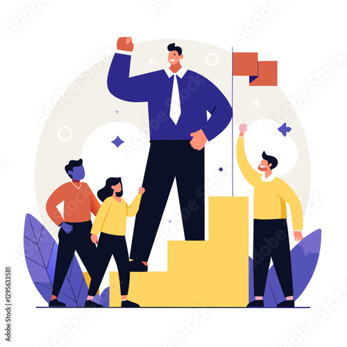 A business leader in formal attire stands at the top of a stairway, with diverse colleagues supporting their journey upward, celebrating success in a modern office setting.