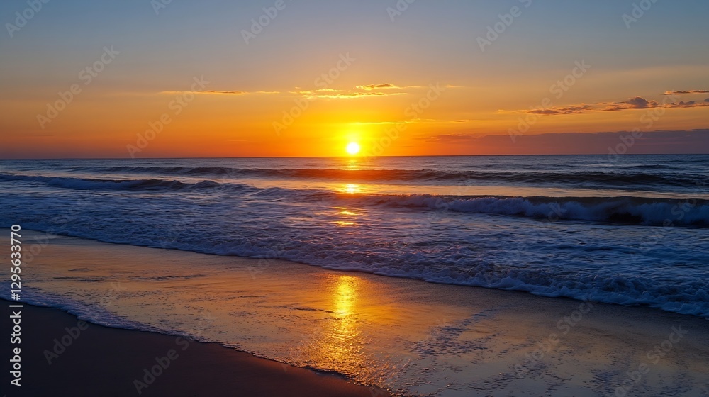 Stunning sunset over the ocean with vibrant colors reflecting on wet sandy beach : Generative AI Stunning sunset over the ocean with vibrant colors reflecting on wet sandy beach : Generative AI