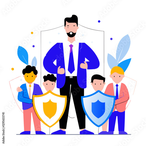 Business team protecting with shields in a corporate setting. Leader with colleagues standing confidently, holding shields, in a professional office environment.