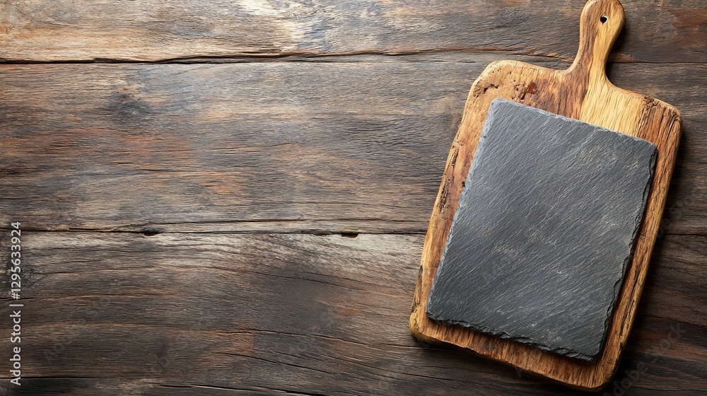Fototapeta premium Elegant Dark Slate Cutting Board on Rustic Wooden Surface Ready for Gourmet Meal Preparation : Generative AI