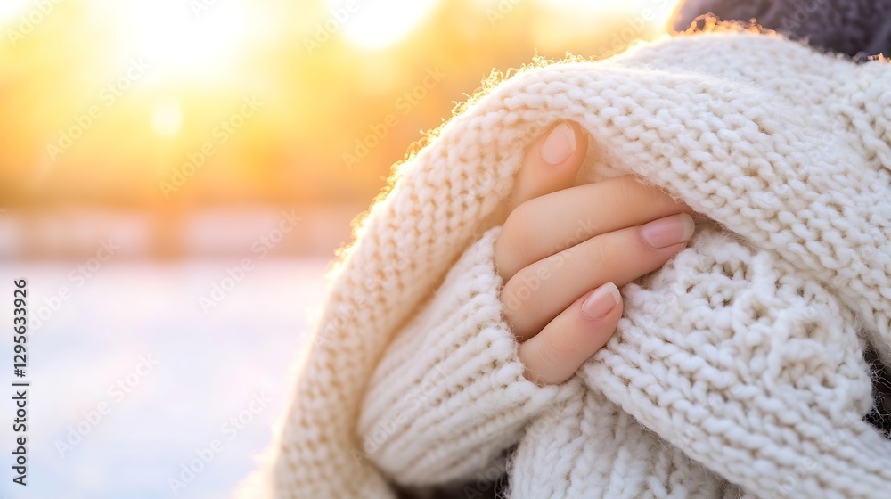 Hands wrapped in a warm fluffy sweater embracing a cozy scarf during sunset : Generative AI Hands wrapped in a warm fluffy sweater embracing a cozy scarf during sunset : Generative AI