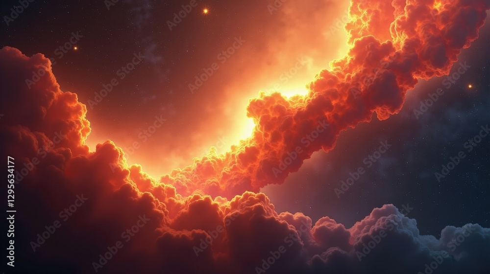 Obraz premium A nebula resembling a celestial phoenix, fiery plumes of orange and red gas ignited by newborn stars, rising from cosmic ashes of a past supernova.