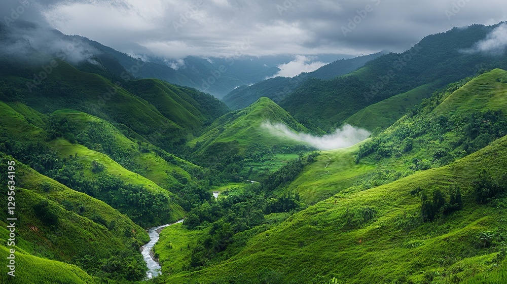 Fototapeta premium A scenic mountain view featuring a meandering river, misty valleys, lush vegetation, and an expansive sky
