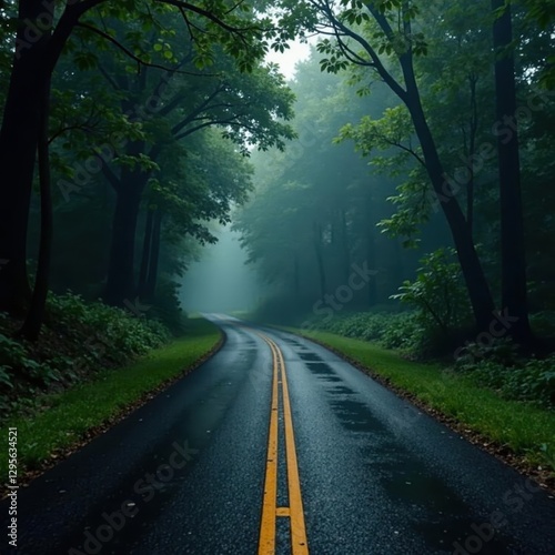 Dark, glistening road cuts through lush, rain-soaked forest , scene, water, grass