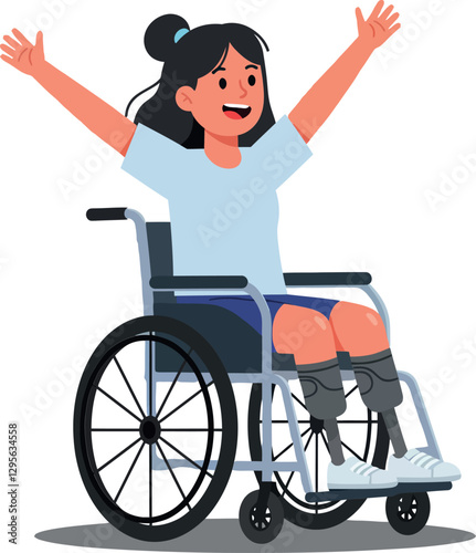 Happy girl in a wheelchair celebrating her achievements with raised arms in a bright and cheerful flat vector illustration