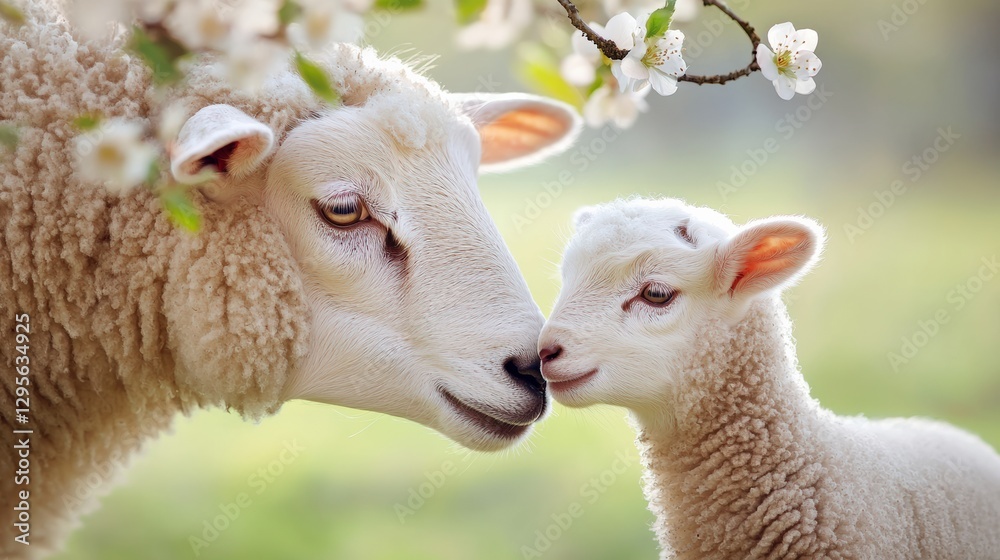 Obraz premium Tender moment between a sheep and her lamb in nature.