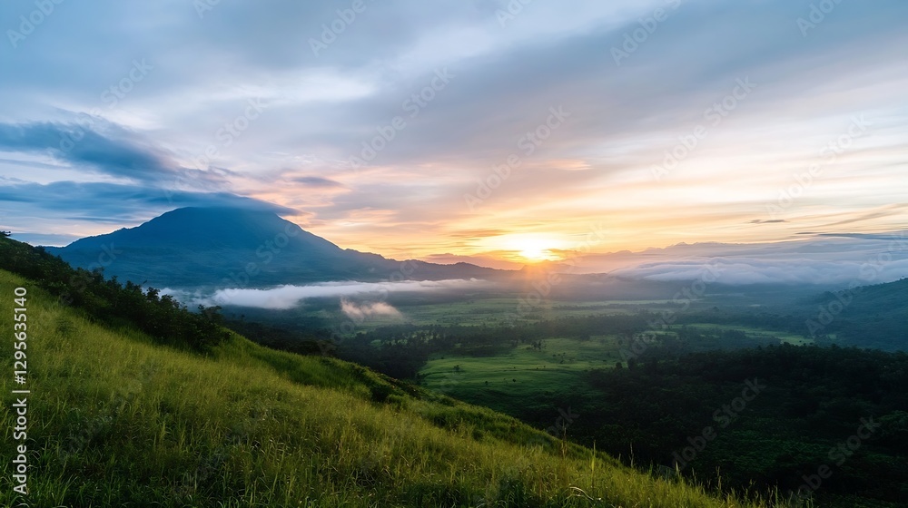 Obraz premium Breathtaking Sunset Over Tranquil Valley with Lush Green Hills and Majestic Volcano : Generative AI