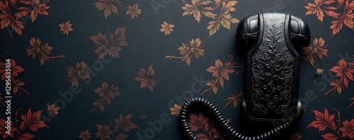 Black bakelite phone against damask wallpaper, blank area , vintage, telephone photo