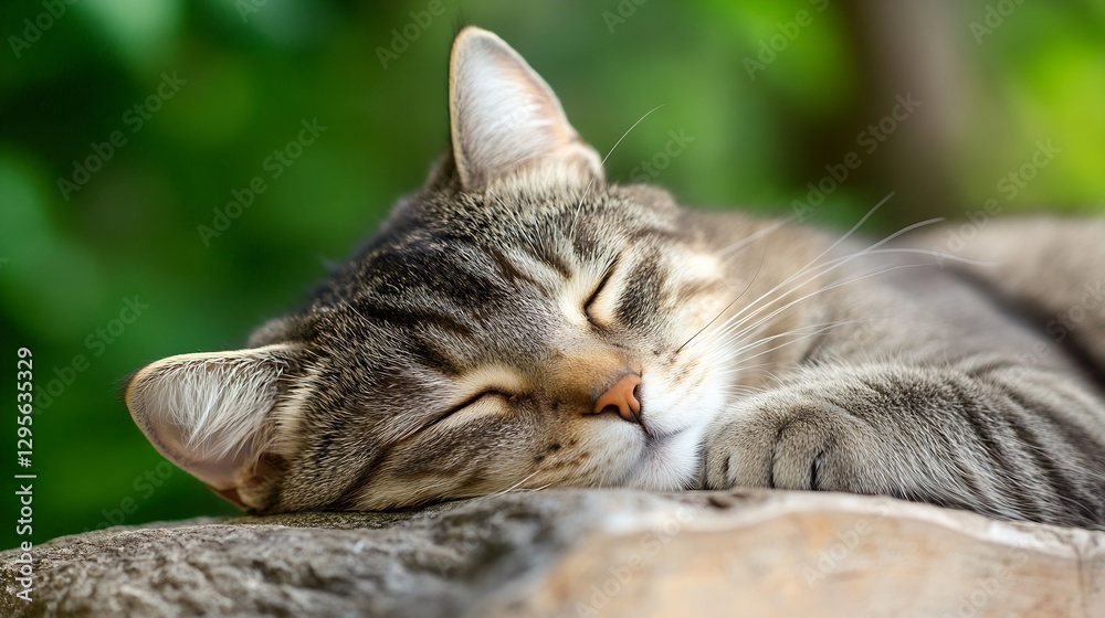 Close up of a peaceful sleeping cat on a wooden log surrounded by greenery : Generative AI