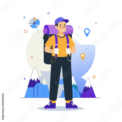 Young male hiker in casual clothing stands confidently with a large backpack, amid a mountainous landscape. Adventurous traveler poses against a backdrop of snow-capped peaks.