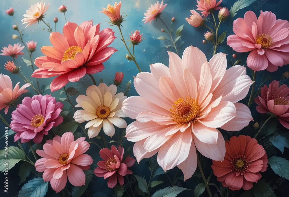 A digital painting of colorful flowers on a black background, with a looping animation. A digital painting of colorful flowers on a black background, with a looping animation.