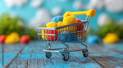 Vibrant Mini Shopping Cart Filled with Colorful Cotton Balls on a Rustic Wooden Surface Against a Bright Blue Background