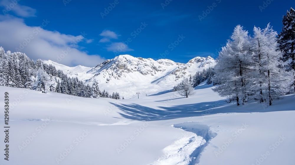 Breathtaking winter landscape with snow-covered mountains and bright blue sky showcasing a serene environment : Generative AI Breathtaking winter landscape with snow-covered mountains and bright blue sky showcasing a serene environment : Generative AI