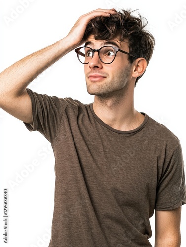 Young man wearing glasses scratching his head trying to find solution isolated on white background photo