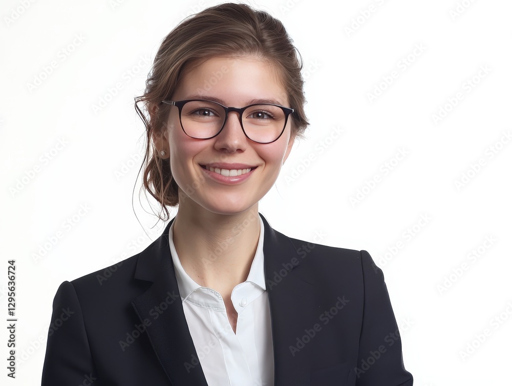 Portrait of a beautiful smiling businesswoman in a suit wearing glasses isolated on white background Portrait of a beautiful smiling businesswoman in a suit wearing glasses isolated on white background