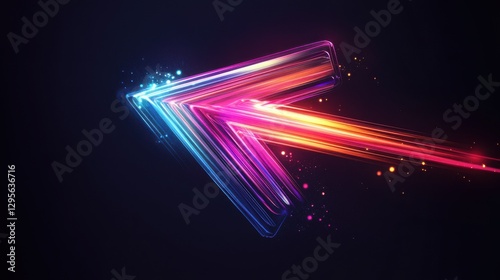 A colorful arrow made of glowing light beams, pointing right at the center on a black background he arrow forms an elegant and dynamic shape with a sense of motion and speed, Ai