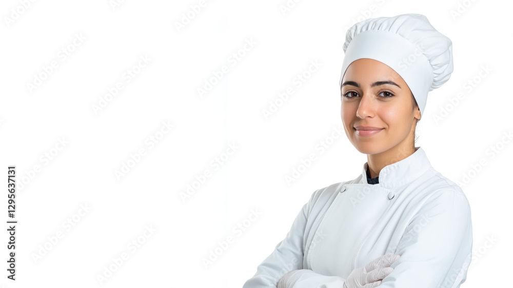 Arabian young chef woman smiling isolated on white background Arabian young chef woman smiling isolated on white background