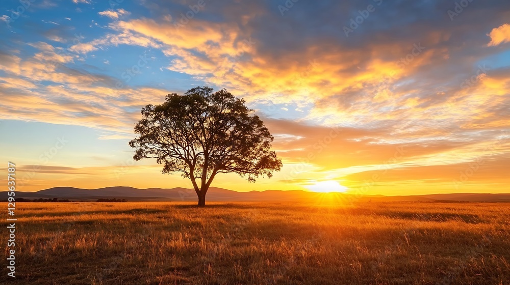Solitary Tree Under Beautiful Sunset in Wide Open Field with Mountains in the Background : Generative AI Solitary Tree Under Beautiful Sunset in Wide Open Field with Mountains in the Background : Generative AI