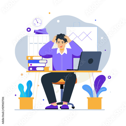 Stressed young male office worker in purple shirt and pants, overwhelmed by paperwork and tasks at a cluttered desk with plants, a laptop, and presentation board, in a modern office setting.
