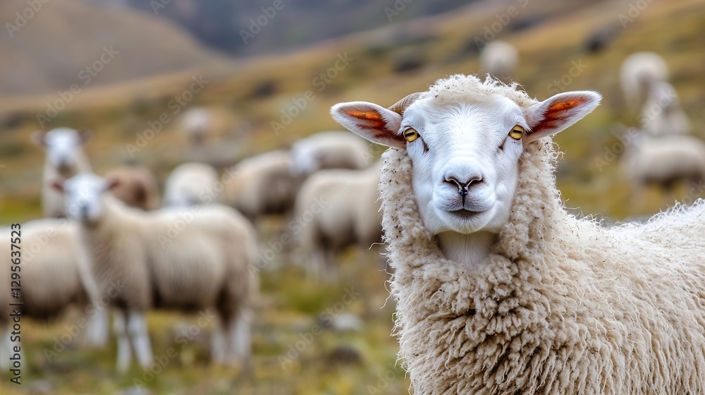 Obraz premium Charming sheep with a flock in a picturesque rural landscape under soft daylight : Generative AI